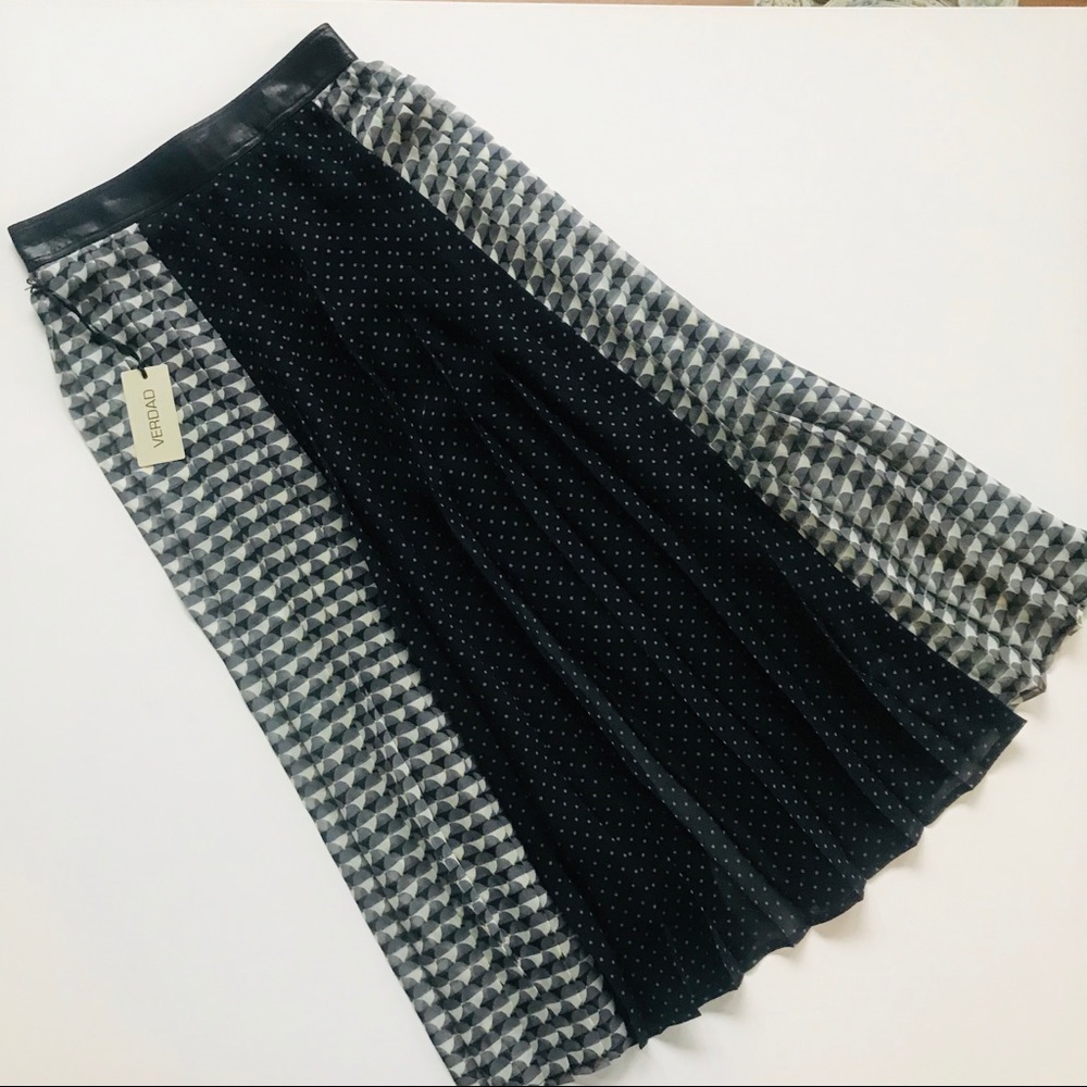 Verdad Silk/Leather Long Pleated Skirt. NWT.